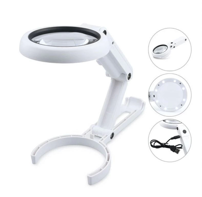 USB şarj edilebilir katlanabilir 3.5-10x büyüteç 8 LEDli masa ve eliçin  taşınabilir büyüteç FS90RC ( Bayi Depom )