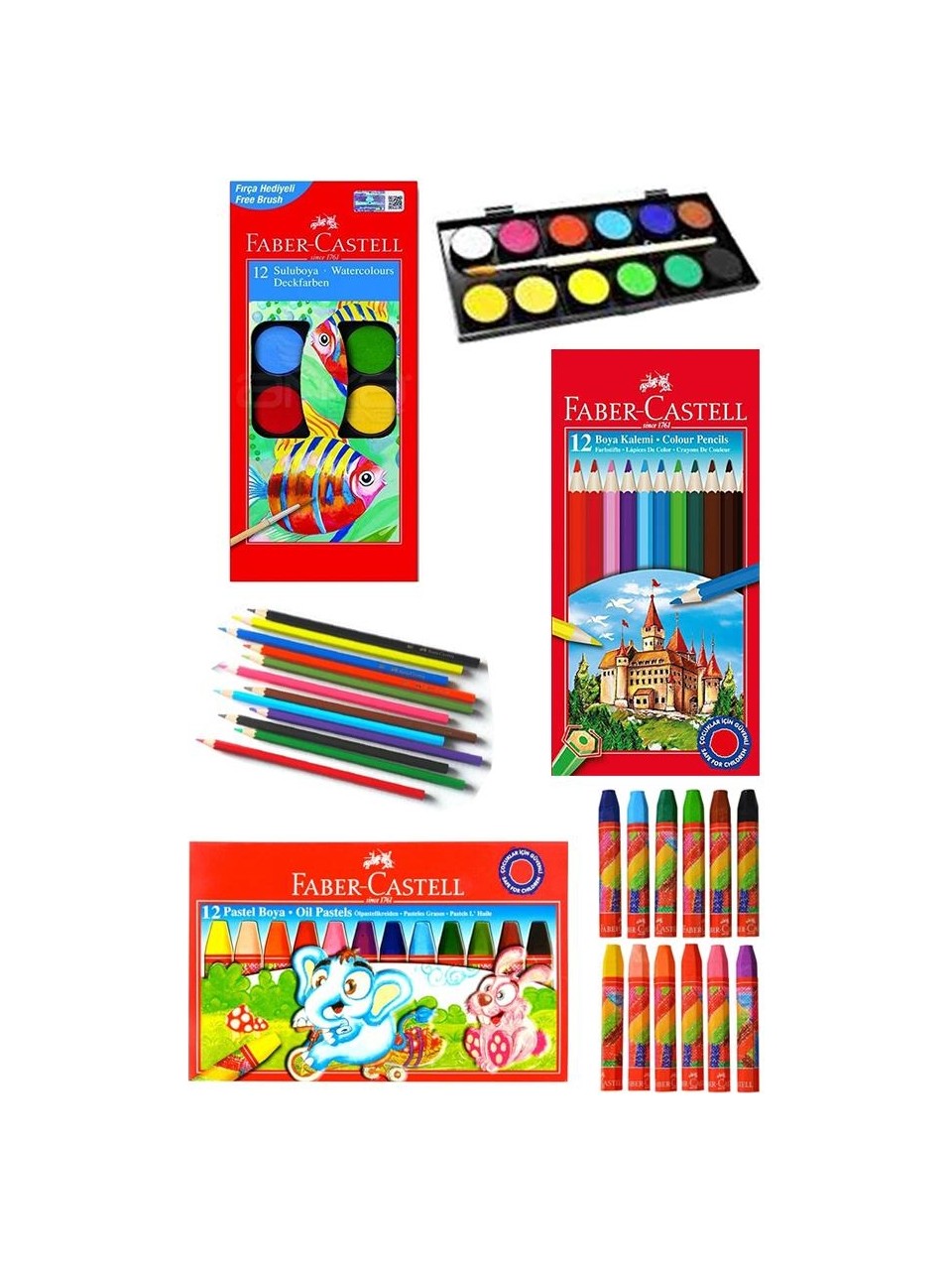 Öğrenci Boyama Seti 3 Lü 12 Renk Sulu Boya 12 Renk Kuru Boya 12 Renk Pastel Boya Kaliteli