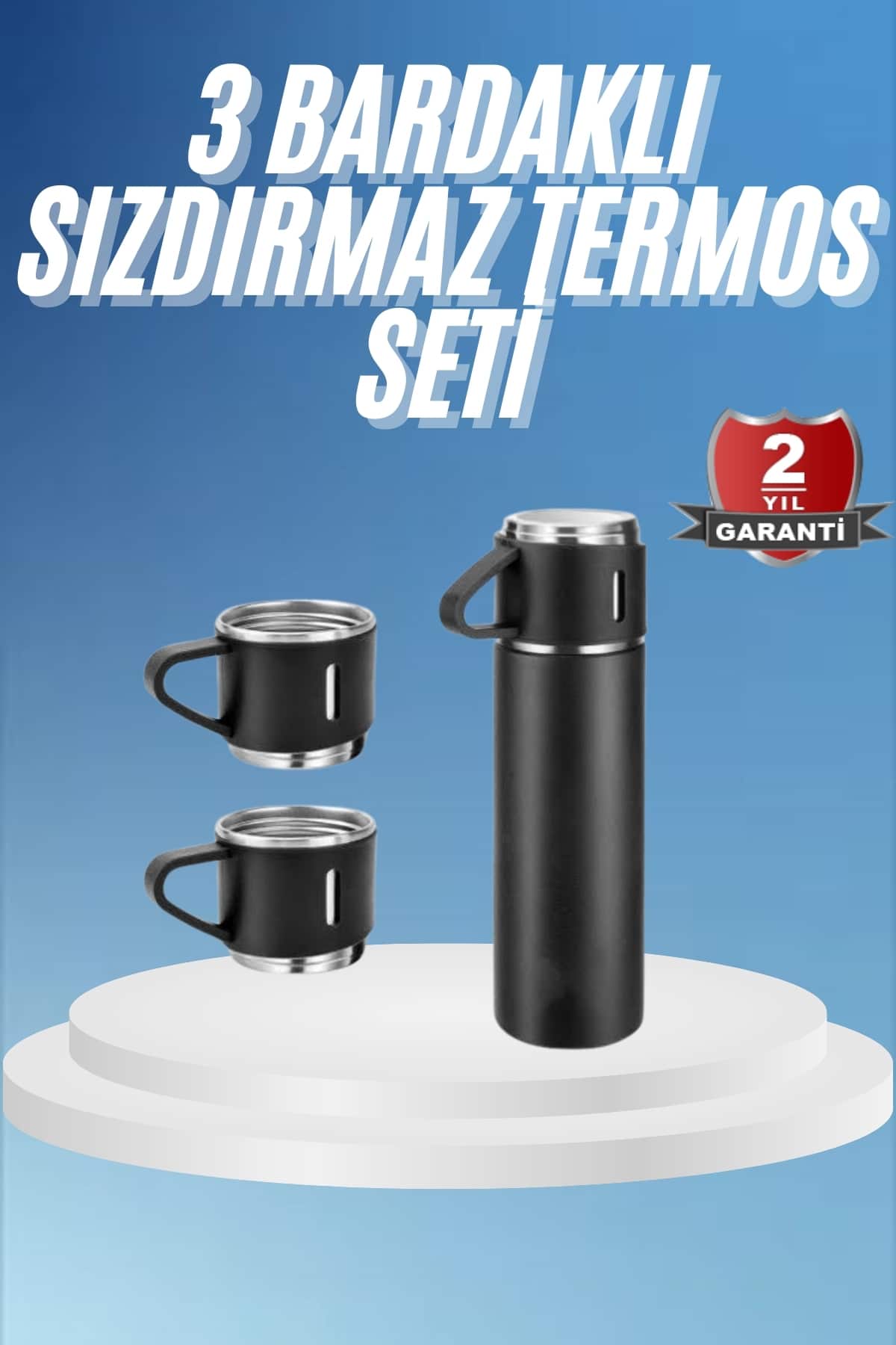 Termos Paslanmaz Çelik Termos Siyah Renk 3 Bardaklı Termos Seti - Bayi Depom
