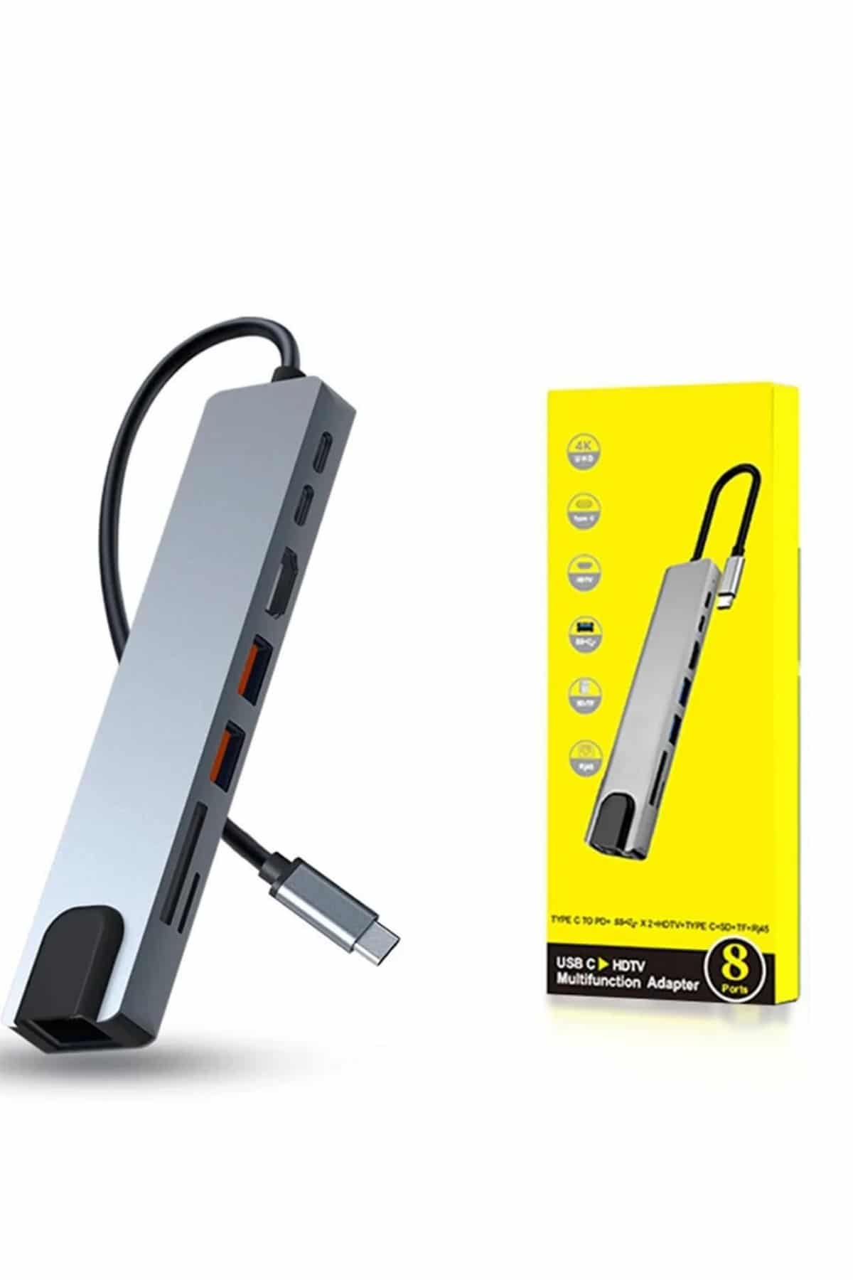 8 Portlu Macbook Çevirici Type C Hub  SD TF USB Çoğaltıcı Ethernet - Bayi Depom