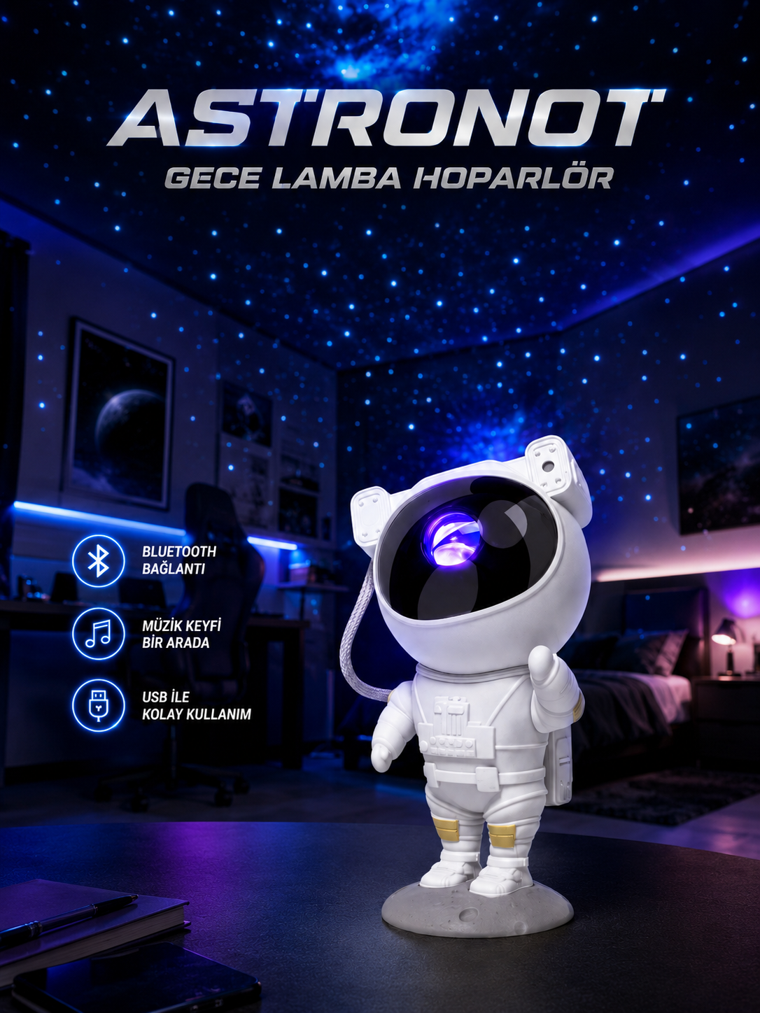 Projeksiyon Astronot Lamba Speaker Sevimli Astronot Bluetooth Hoparlör Yeni Nesil - Bayi Depom