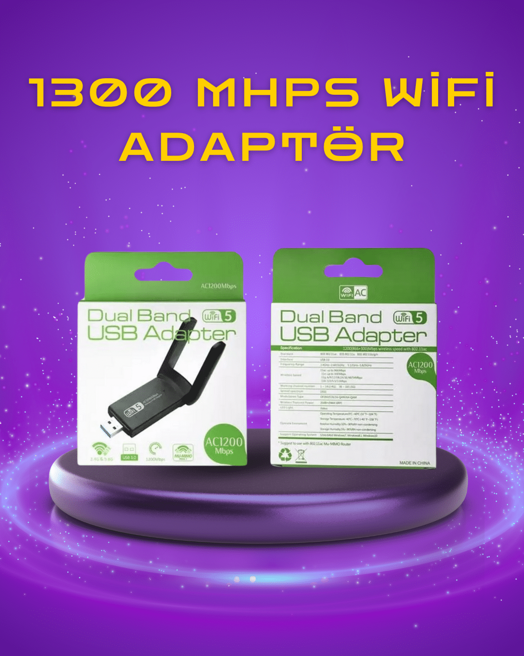 Yüksek Hızlı 1200 Mbps Çift Bant USB WiFi Adaptör – Güçlü Sinyal, Geniş Uyumluluk - Bayi Depom