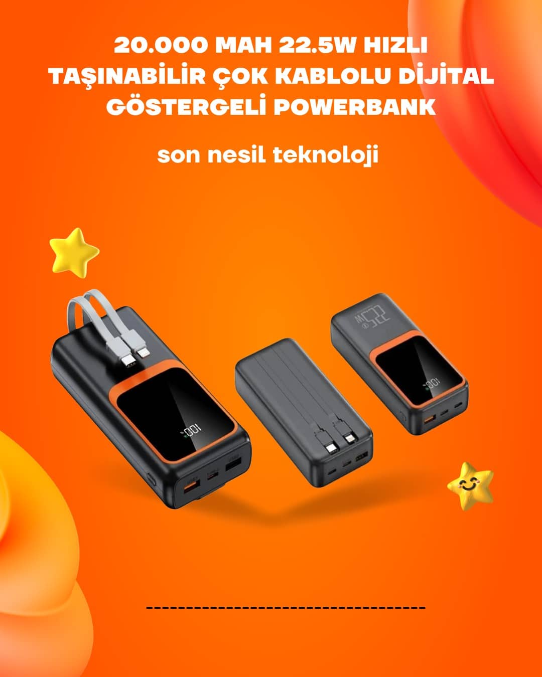 Powerbank 20000 mAh | 22.5W Hızlı Şarj, Dahili Kablolu, LCD Ekranlı Şarj Cihazı - Bayi Depom