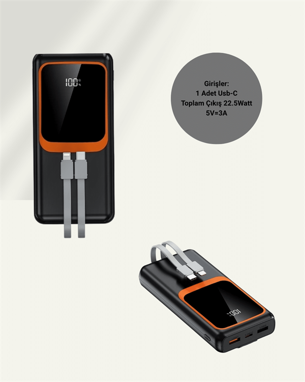 20.000 mAh Powerbank – 22.5W Hızlı Şarj, Çok Kablolu, Dijital Göstergeli - Bayi Depom 20.000 mAh Powerbank – 22.5W Hızlı Şarj, Çok Kablolu, Dijital Göstergeli - Bayi Depom
