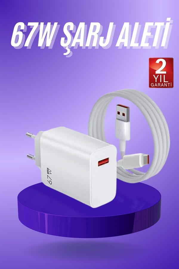 Beyaz Ultra Plus Hızlı Şarj Seti Şarj Adaptörü ve Kablosu 67W - Bayi Depom