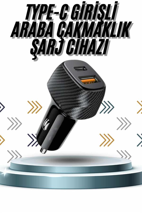 Hızlı Oto Şarj Cihazı 38W Çift Girişli HIzlı Şarj Oto Çakmaklık Type-C - Bayi Depom