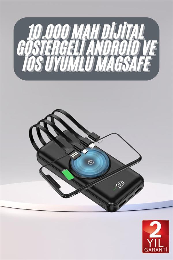 Kablosuz Çoklu Şarj Girişli 10.000 Mah Kablolu Powerbank Taşınabilir - Bayi Depom