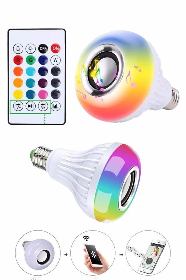 Kumandalı RGB Led Işık Bluetooth Hoparlör Ses Lambası Renkli Ampul - Bayi Depom