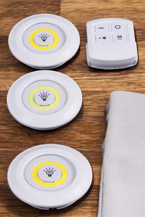 Led Lamba 3'lü Uzaktan Kumandalı Yapışkanlı Beyaz Işık - Bayi Depom