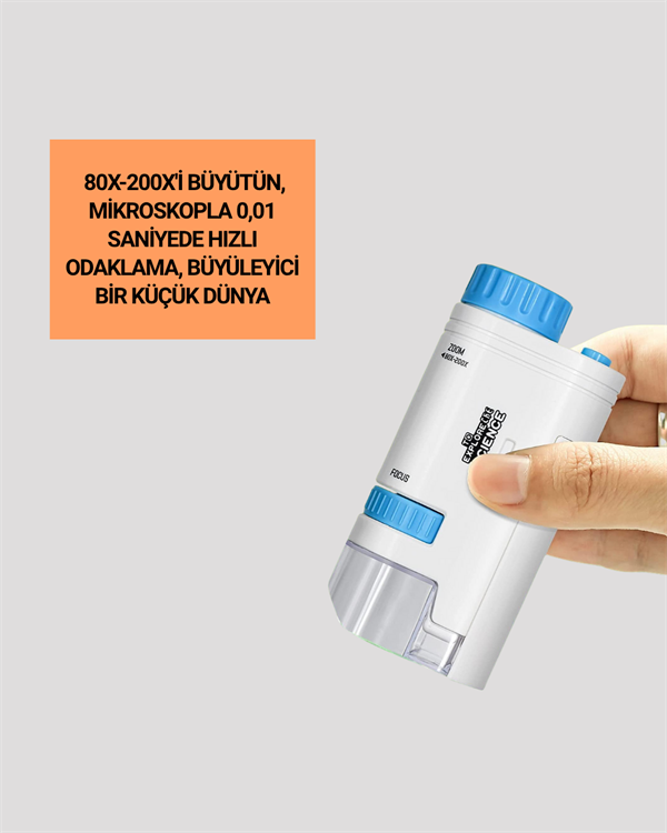 LED Aydınlatmalı 80–200 Kat Büyütmeli Cep Mikroskop - Bayi Depom