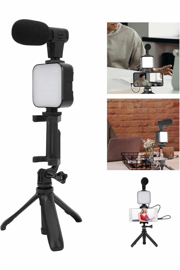Tripod Telefon Tutucu Kumandalı Mikrofon Led Işık Vlog Video Kayıt - Bayi Depom