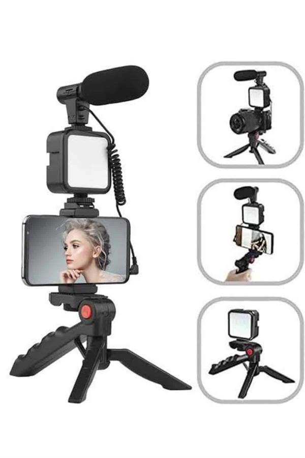 Tripod Telefon Tutucu Kumandalı Mikrofon Led Işık Vlog Video Kayıt - Bayi Depom