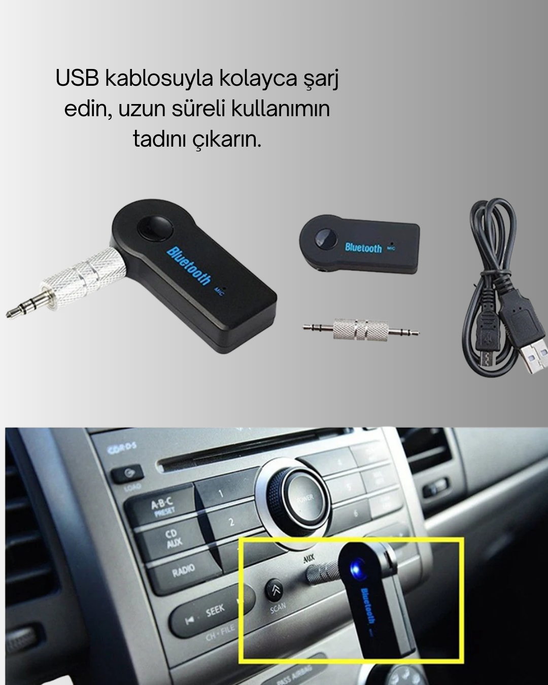 Araç İçi Bluetooth AUX Müzik ve Telefon Görüşmesi Adaptörü - Bayi Depom