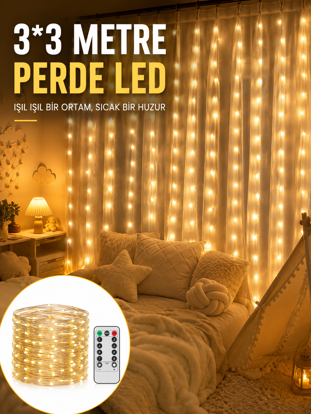 3x3 Metre Perde LED Işık – Parti ve Bahçe Dekorasyonu Yeni Nesil - Bayi Depom