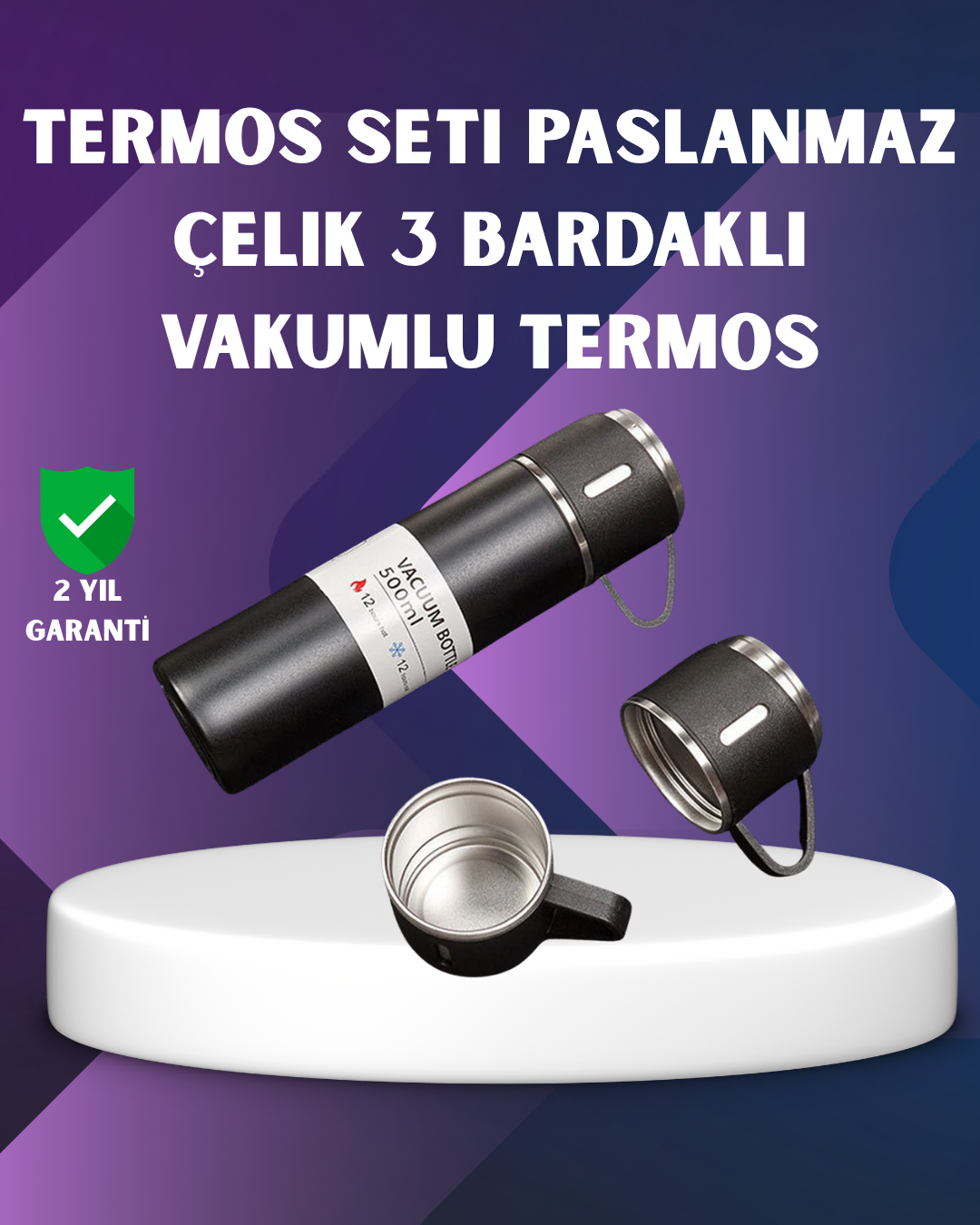 Paslanmaz Termos ve İkili Bardak Seti | 6-12 Saat Sıcak/Soğuk Tutma - Bayi Depom