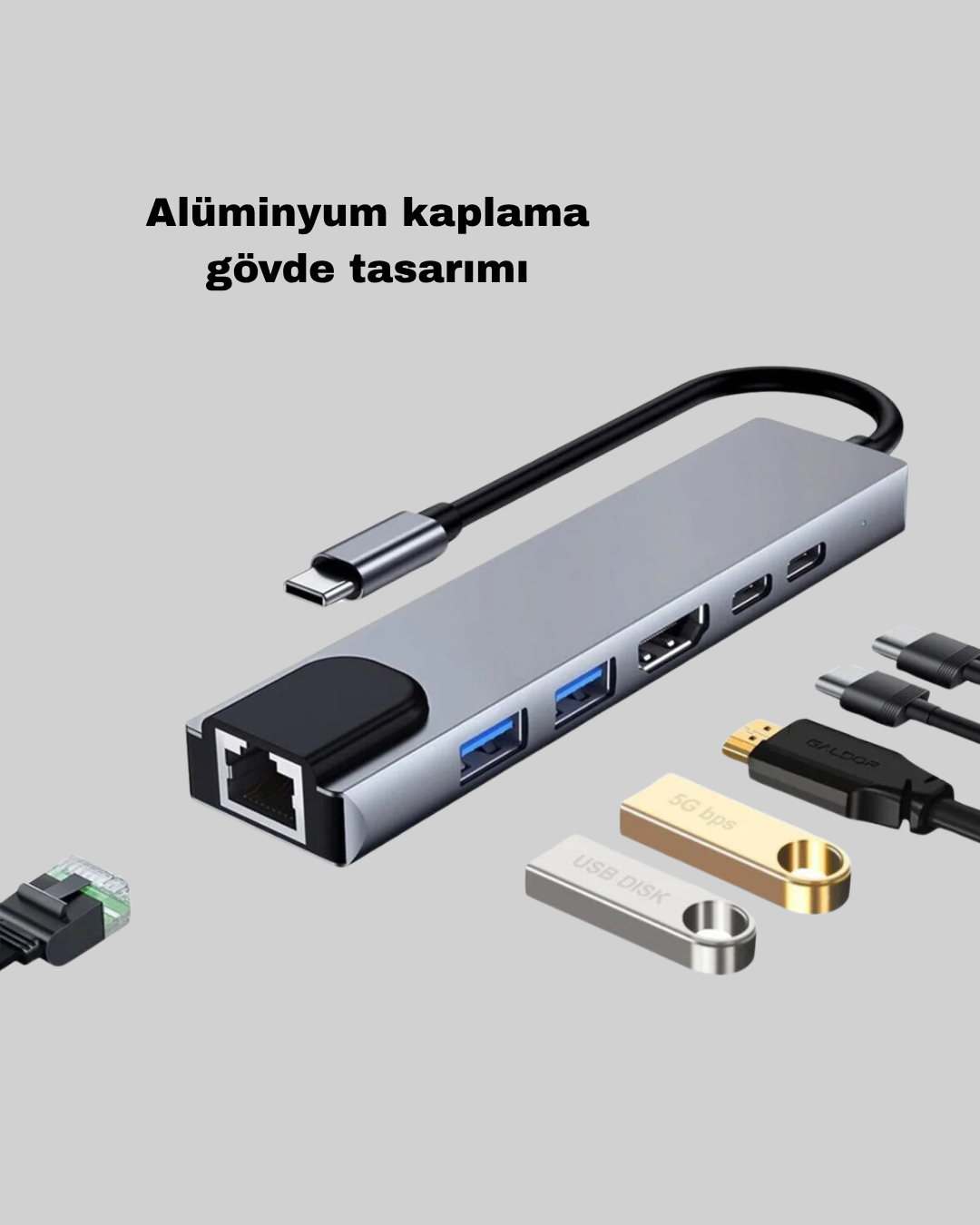 Alüminyum Kasalı MacBook USB-C Hub – 4K HDMI, USB 3.0, SD/TF Kart Girişi, PD Şarj Desteği - Bayi Depom