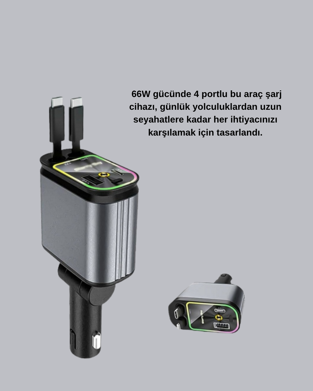 Araç Şarj Adaptörü 66W PD QC Hızlı Şarjlı ve Çekilebilir Kablolu - Bayi Depom Araç Şarj Adaptörü 66W PD QC Hızlı Şarjlı ve Çekilebilir Kablolu - Bayi Depom