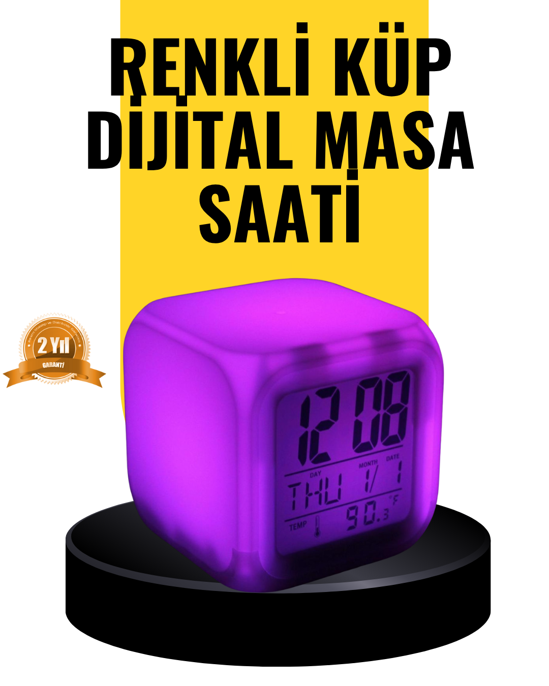 7 Renk LED Işıklı Alarmlı Dijital Küp Masa Saati Termometreli - Bayi Depom