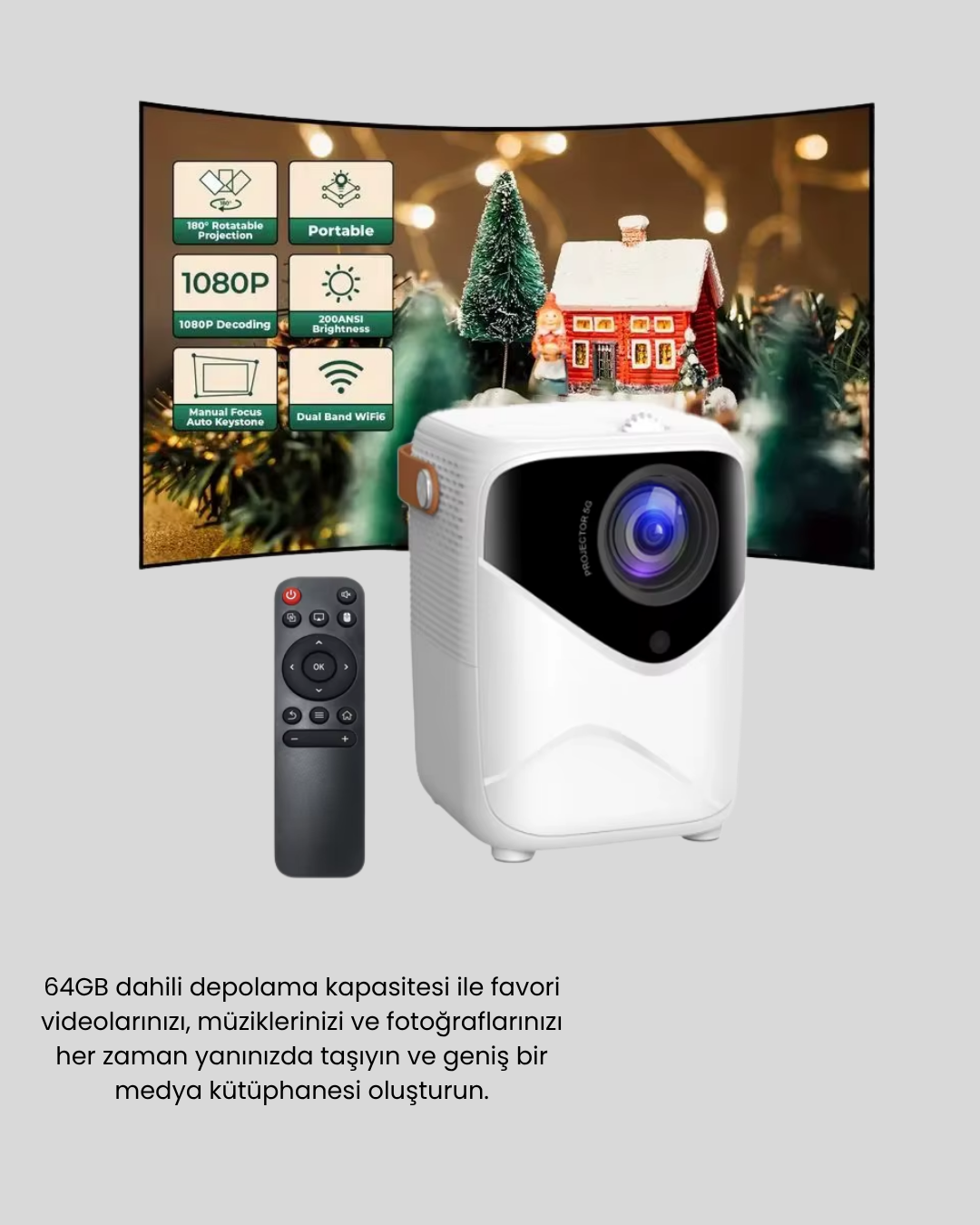 Taşınabilir 1080P HD Akıllı Projektör – 64GB Dahili Hafıza, 2GB RAM, Uzaktan Kumandalı - Bayi Depom Taşınabilir 1080P HD Akıllı Projektör – 64GB Dahili Hafıza, 2GB RAM, Uzaktan Kumandalı - Bayi Depom
