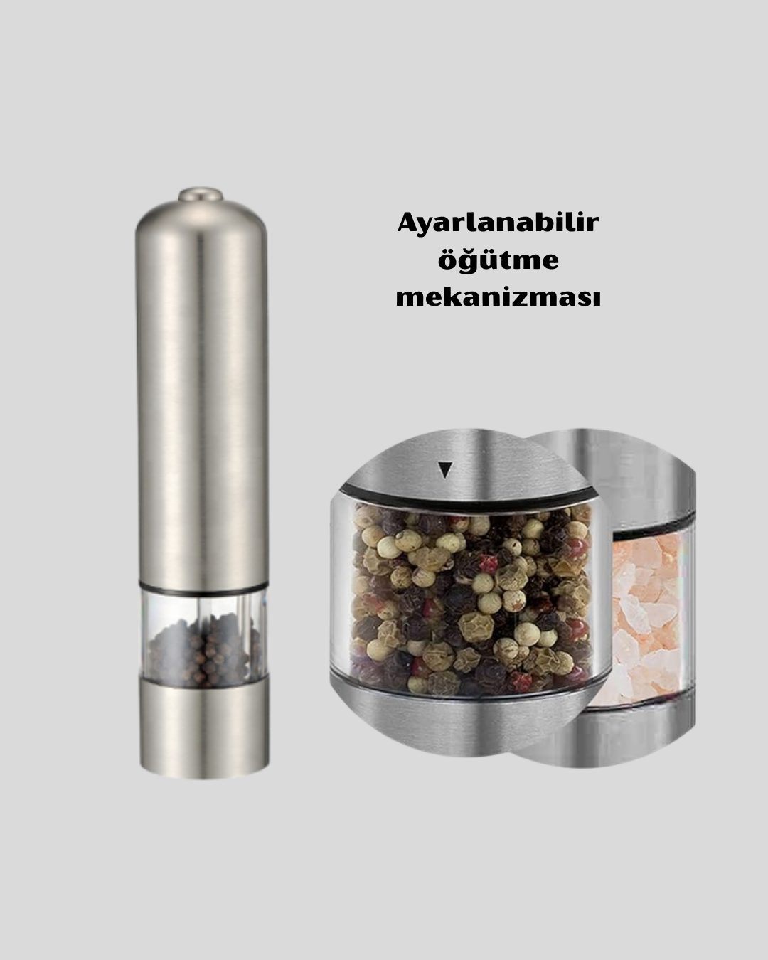Modern Otomatik Baharat Öğütücü Seti – Pilli, Paslanmaz Çelik, LED Aydınlatmalı - Bayi Depom Modern Otomatik Baharat Öğütücü Seti – Pilli, Paslanmaz Çelik, LED Aydınlatmalı - Bayi Depom