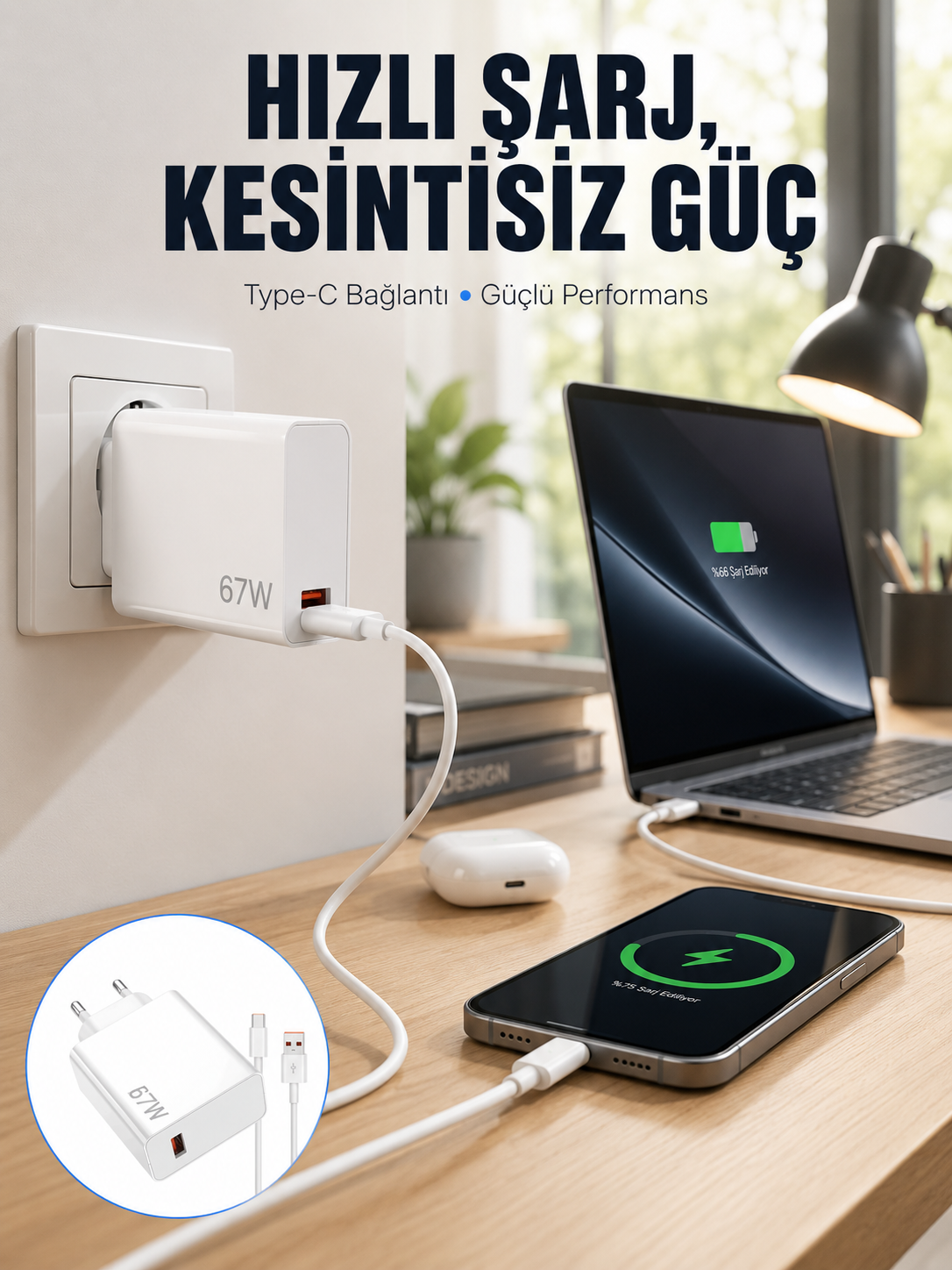 67W Type-C Turbo Şarj Cihazı – Aşırı Akım ve Isı Koruması, Seyahat Uyumlu Yeni Nesil - Bayi Depom