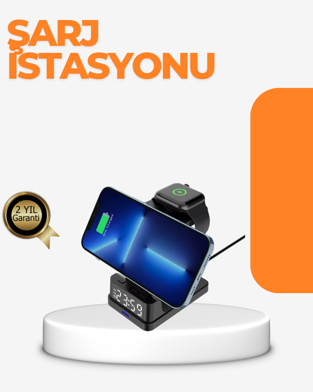 4’ü 1 Arada Kablosuz Şarj İstasyonu LED Saat Ekranlı, Akıllı Güvenlik Koruması - Bayi Depom