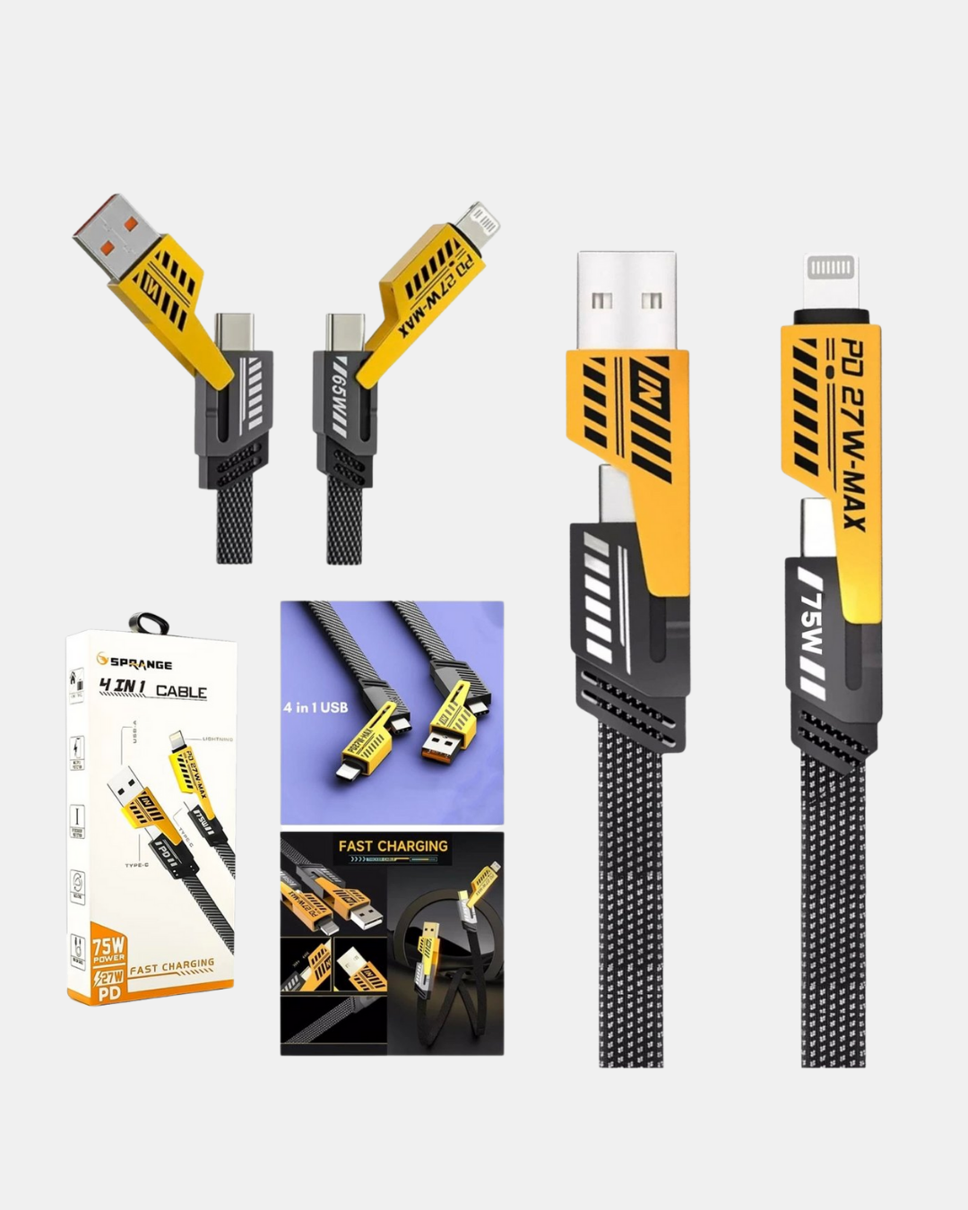 65W Çoklu Şarj Kablosu 4’ü 1 Arada Örgülü Hızlı Veri Aktarım USB-C USB-A - Bayi Depom