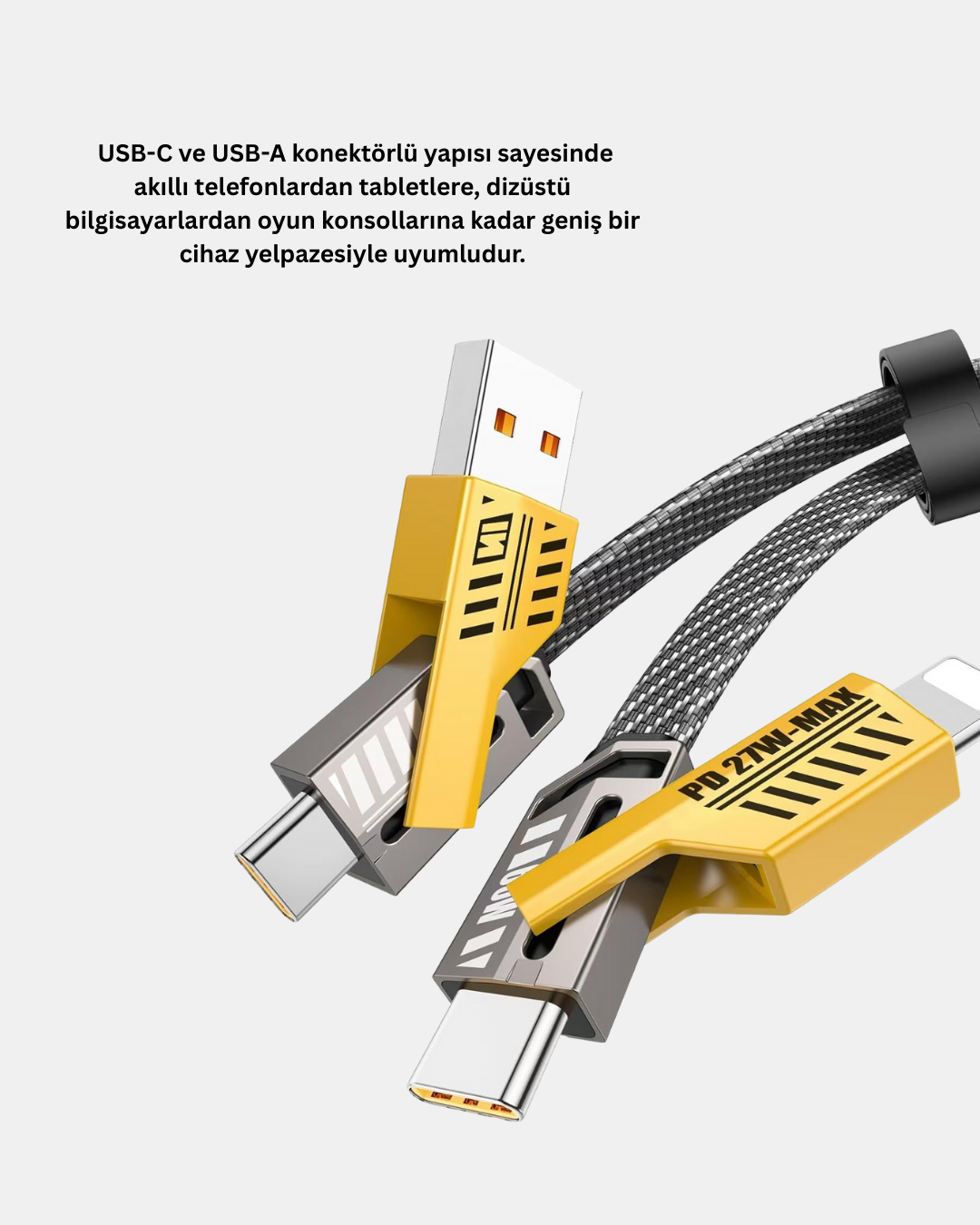 65W Çoklu Şarj Kablosu 4’ü 1 Arada Örgülü Hızlı Veri Aktarım USB-C USB-A - Bayi Depom