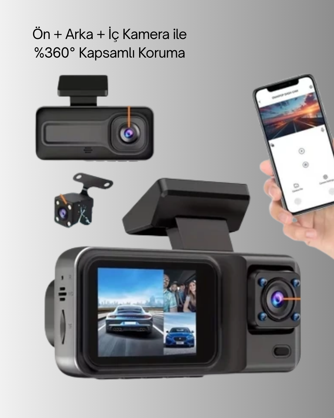 1080P Üç Kameralı Araç Kamerası Wi-Fi Destekli Park Modu ve G-Sensörlü - Bayi Depom 1080P Üç Kameralı Araç Kamerası Wi-Fi Destekli Park Modu ve G-Sensörlü - Bayi Depom
