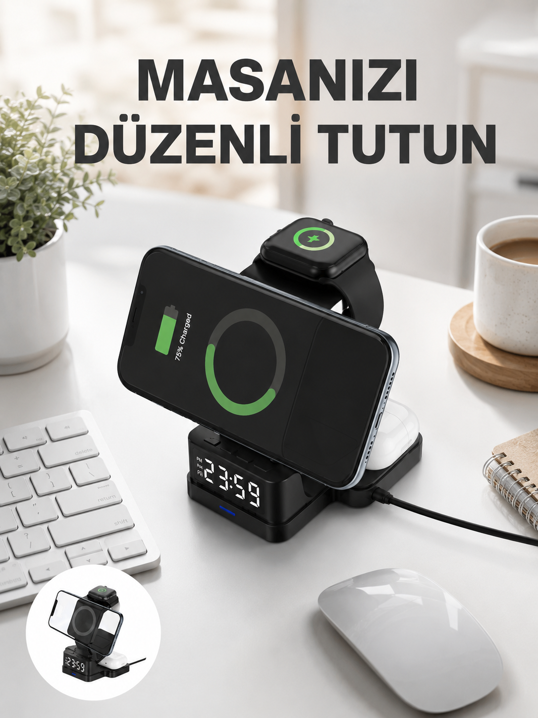 Dijital Saatli Kablosuz Şarj İstasyonu – 3’ü 1 Arada Uyumlu Hızlı Şarj ve LED Ekran Yeni Nesil - Bayi Depom