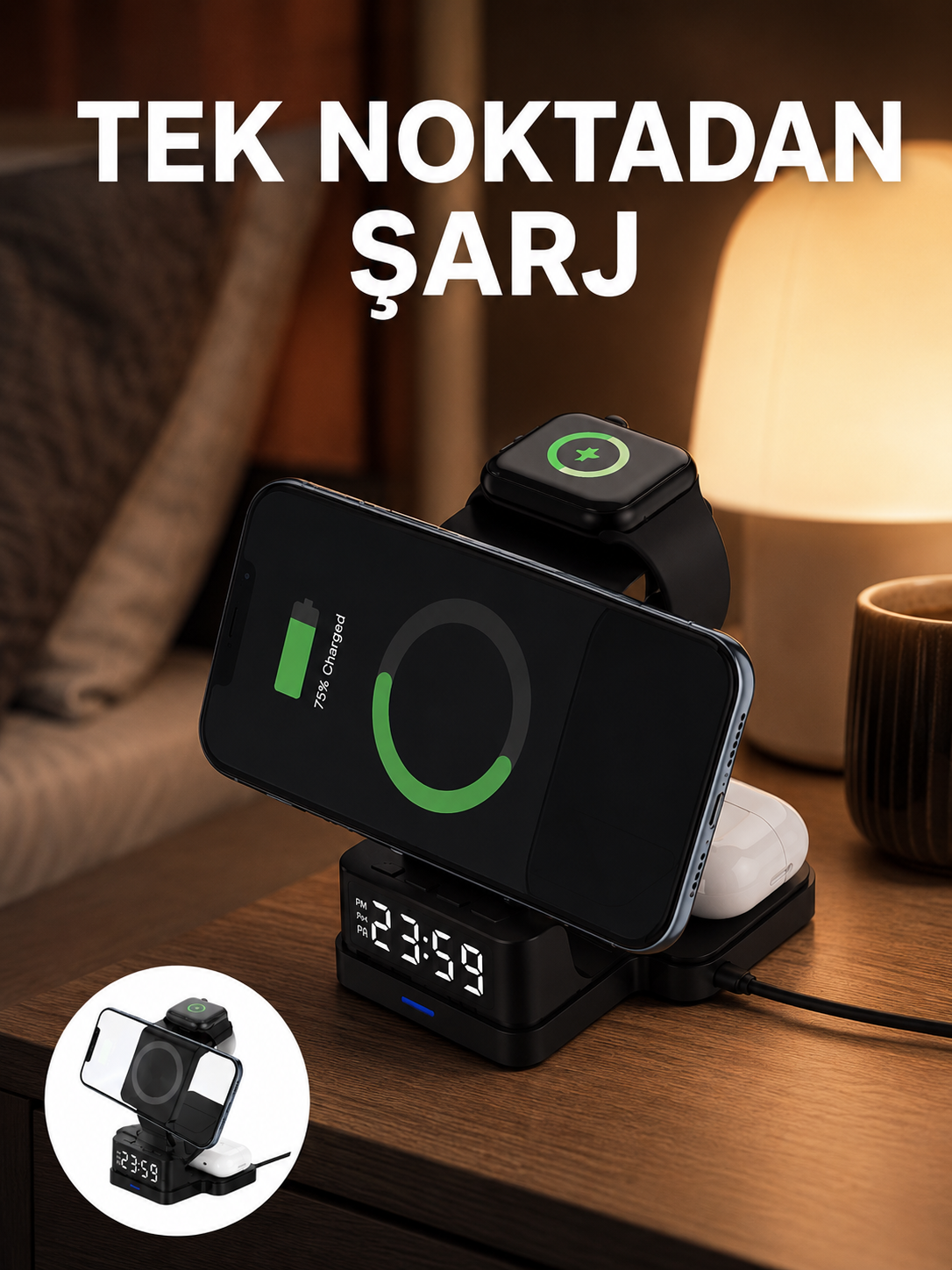LED Dijital Saatli Kablosuz Şarj Cihazı – 3 Parlaklık Ayarlı, Şarj Koruma Teknolojili Yeni Nesil - Bayi Depom