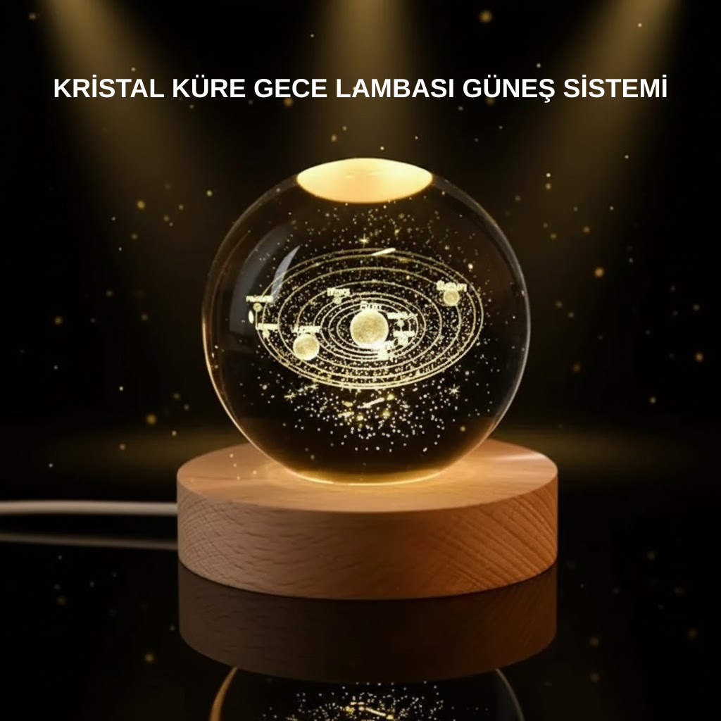 LED Işıklı Kristal Küre Ahşap Standlı Dekoratif Gezegen Model - Bayi Depom