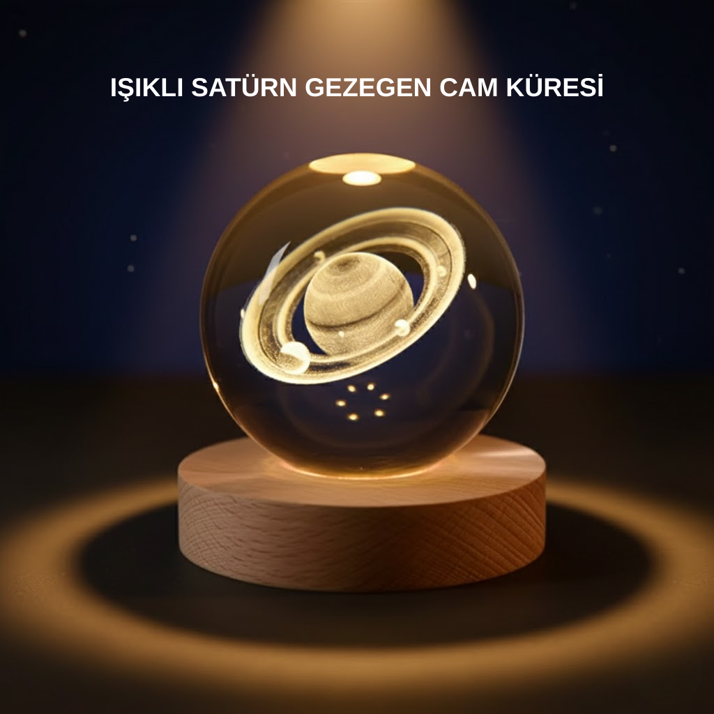 Satürn Desenli Kristal Küre LED Gece Lambası Ahşap Standlı - Bayi Depom