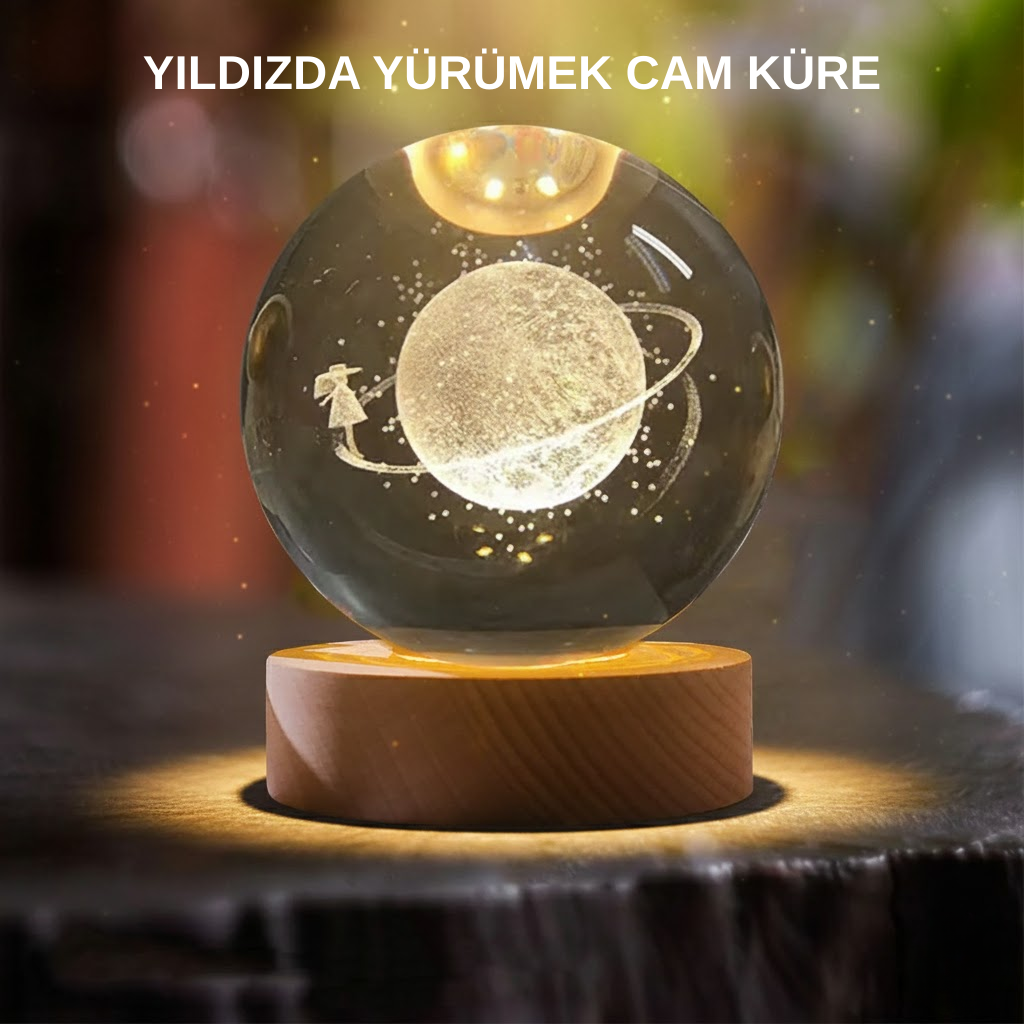 Sarı Işıklı Dekoratif Cam Küre Kız Figürlü Ahşap Standlı - Bayi Depom