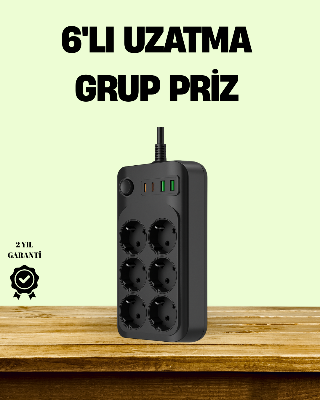 2500W Güçlü 6’lı Priz USB ve Type-C Çıkışlı Termal Korumalı - Bayi Depom