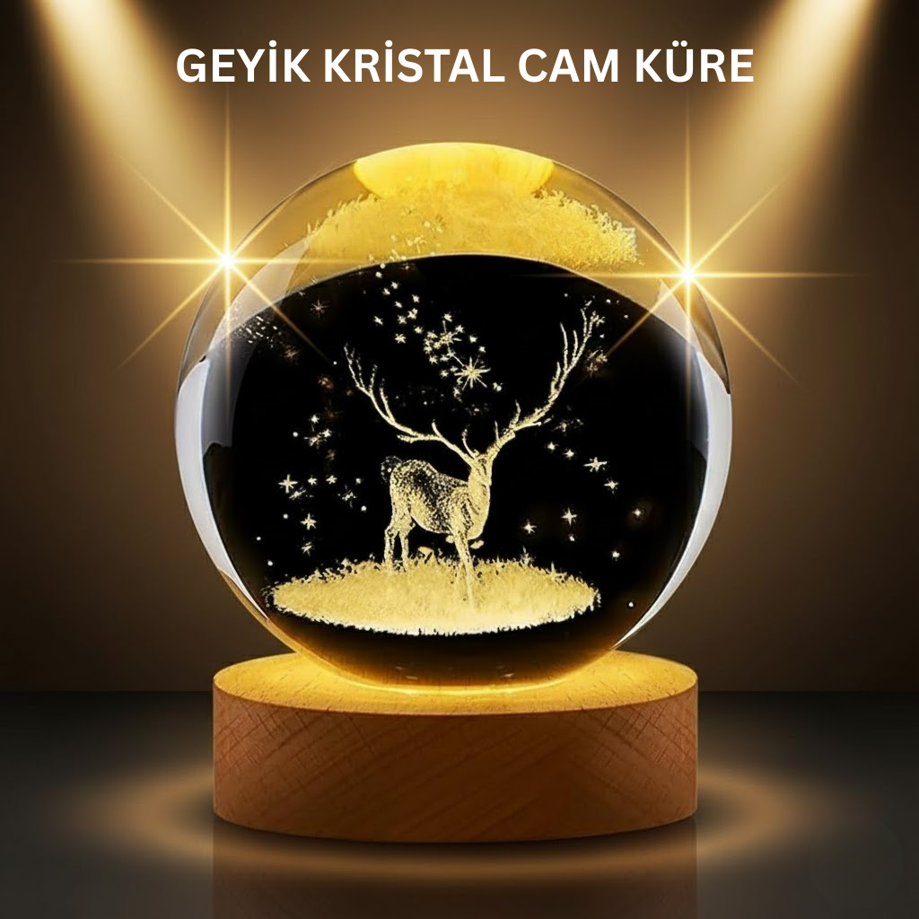LED Işıklı Geyikli Kristal Küre Ahşap Standlı Modern Dekor Lamba - Bayi Depom