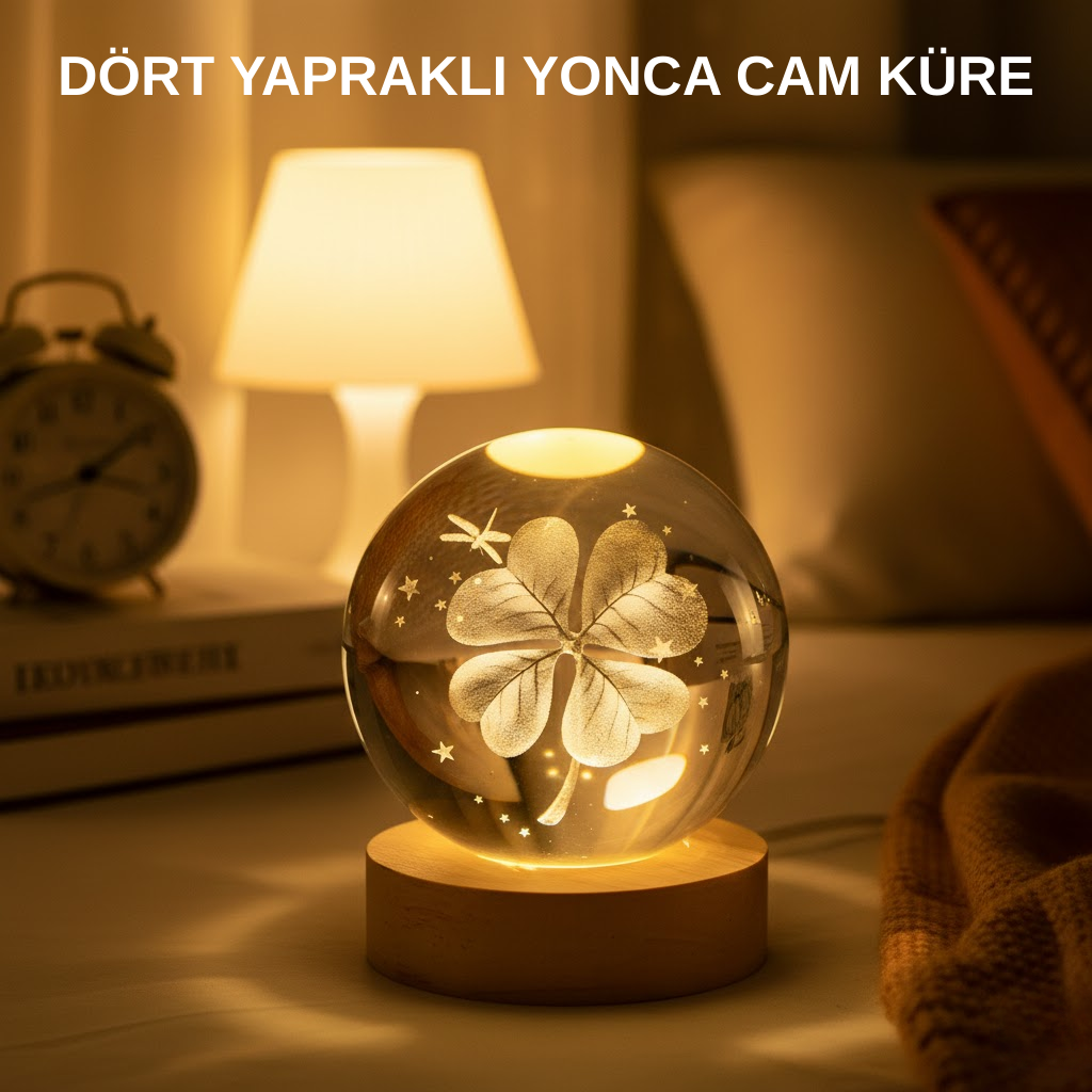 USB Bağlantılı Yonca Bitkili Cam Küre Ahşap Altlıklı Dekoratif Lamba - Bayi Depom