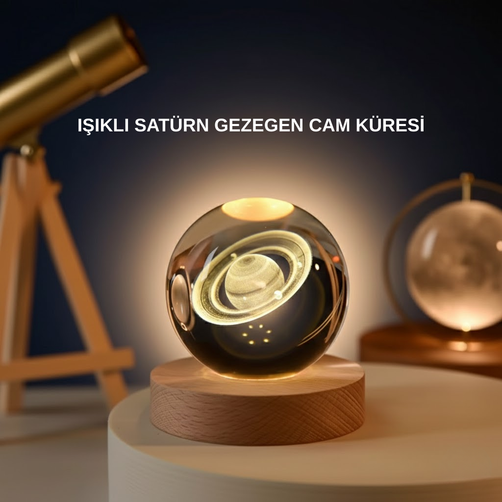 Satürn Gezegenli Kristal Küre LED Lamba USB’li Ahşap Standlı - Bayi Depom