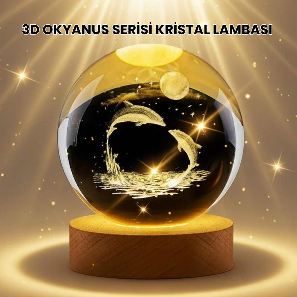 Lazer İşlemeli Yunus Kristal Küre Sıcak Işıklı Ahşap Standlı - Bayi Depom