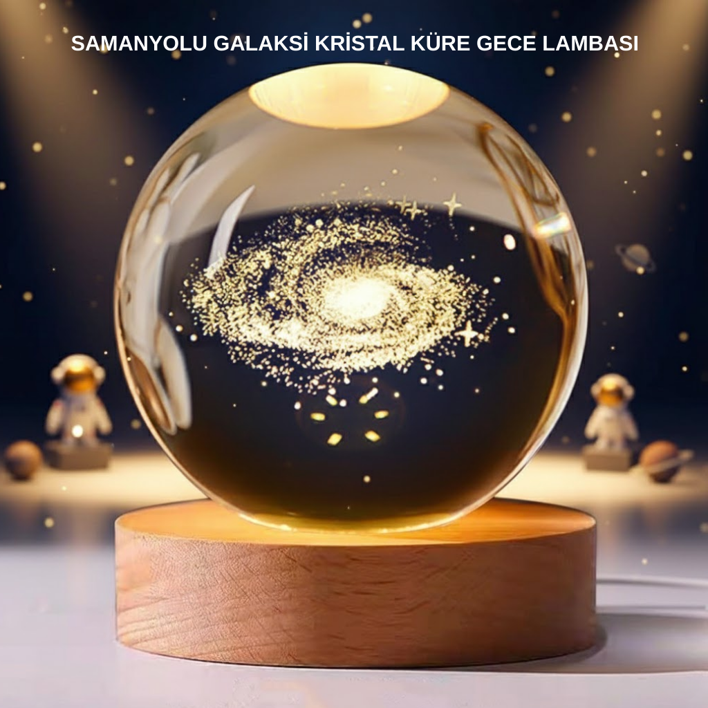 Samanyolu Desenli Kristal Küre Ahşap Standlı Gün Işığı LED Masa Lambası - Bayi Depom