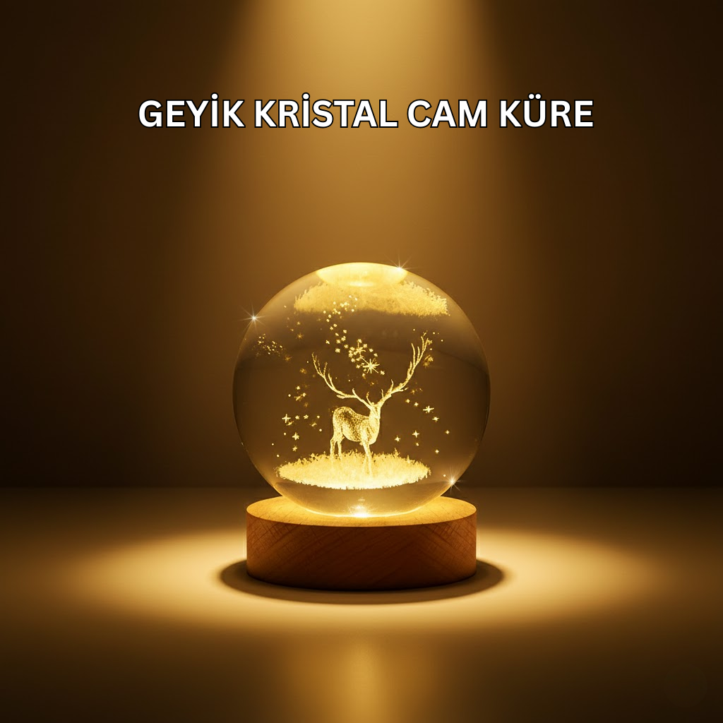USB Bağlantılı Geyik Temalı Kristal Küre Premium Masa Gece Lambası - Bayi Depom