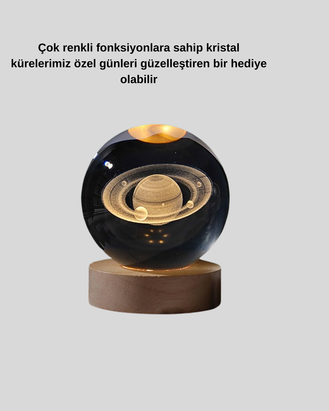 Satürn Desenli Kristal Küre LED Gece Lambası Ahşap Standlı - Bayi Depom