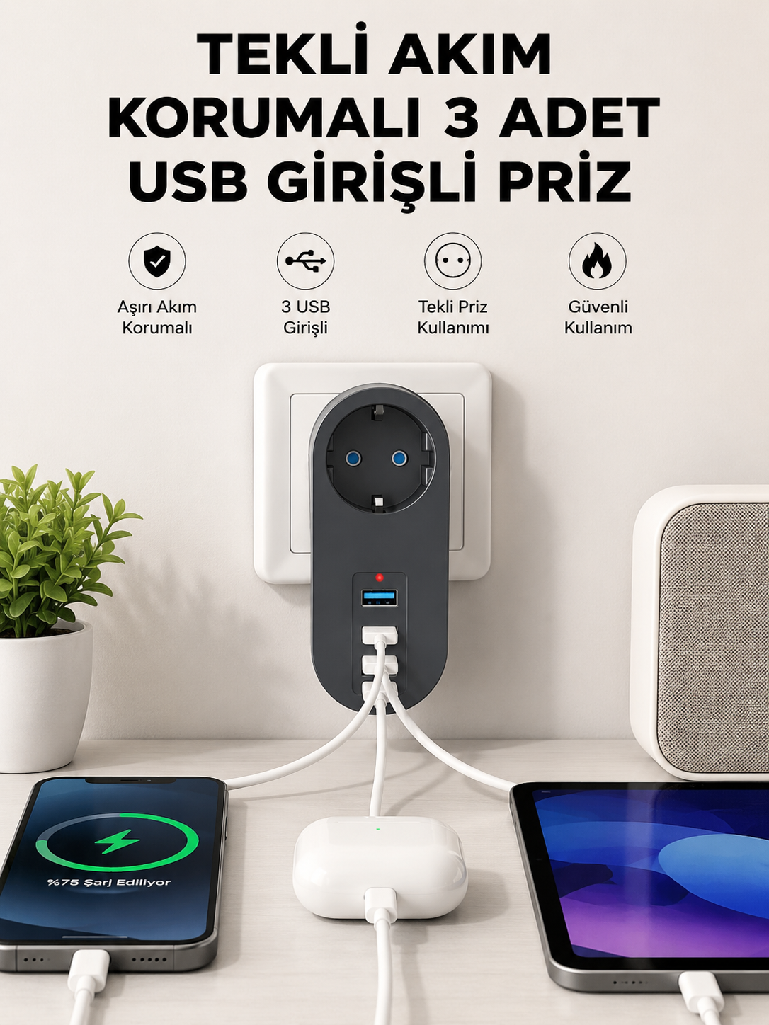 Isıya Dayanıklı 3 USB Portlu Güvenlikli Priz – Akıllı Enerji Yönetimi - Bayi Depom Isıya Dayanıklı 3 USB Portlu Güvenlikli Priz – Akıllı Enerji Yönetimi - Bayi Depom