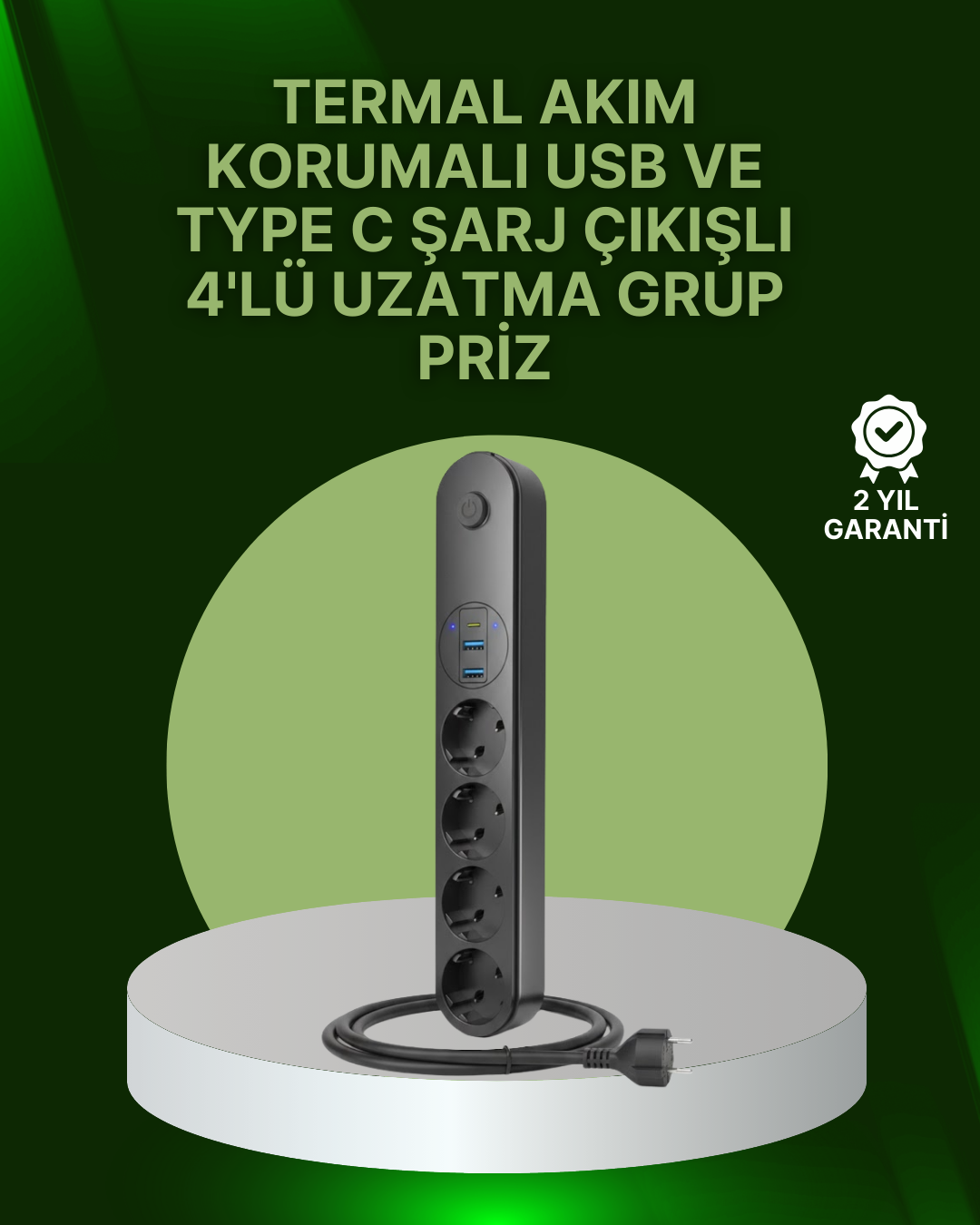 4 Priz 2 USB 1 Type-C Akım Korumalı Çoklu Priz Led Anahtarlı - Bayi Depom