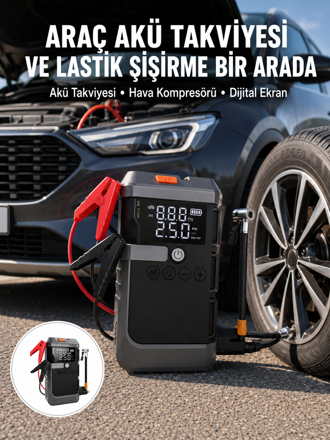 Araç İçin 4 Fonksiyonlu Akü Takviye ve Lastik Şişirme Cihazı Yeni Nesil - Bayi Depom Araç İçin 4 Fonksiyonlu Akü Takviye ve Lastik Şişirme Cihazı Yeni Nesil - Bayi Depom
