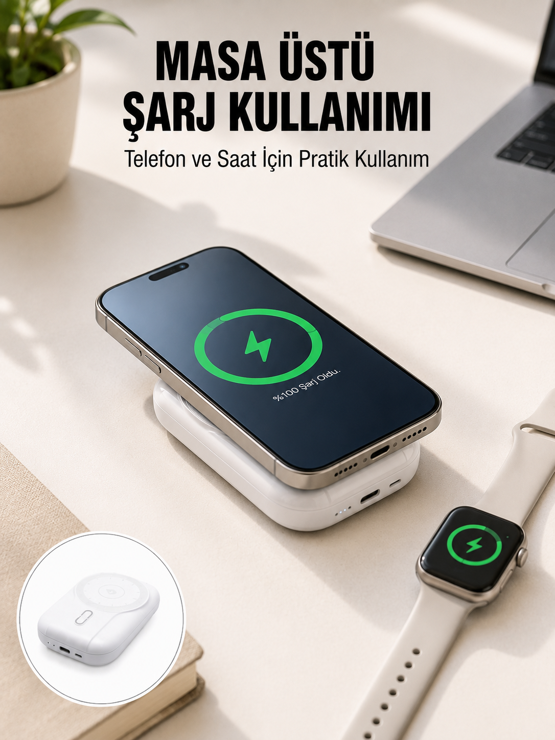 Akıllı Saat ve Telefon Uyumlu 4’ü 1 Arada Powerbank 10000 mAh Yeni Nesil - Bayi Depom