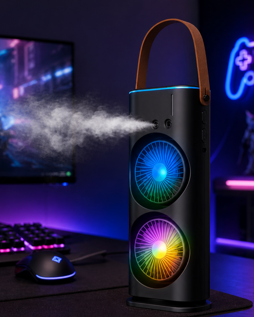 RGB Işıklı Spreyli Masa Fanı Çift Motorlu Güçlü Üflemeli Taşınabilir Fan - Bayi Depom RGB Işıklı Spreyli Masa Fanı Çift Motorlu Güçlü Üflemeli Taşınabilir Fan - Bayi Depom