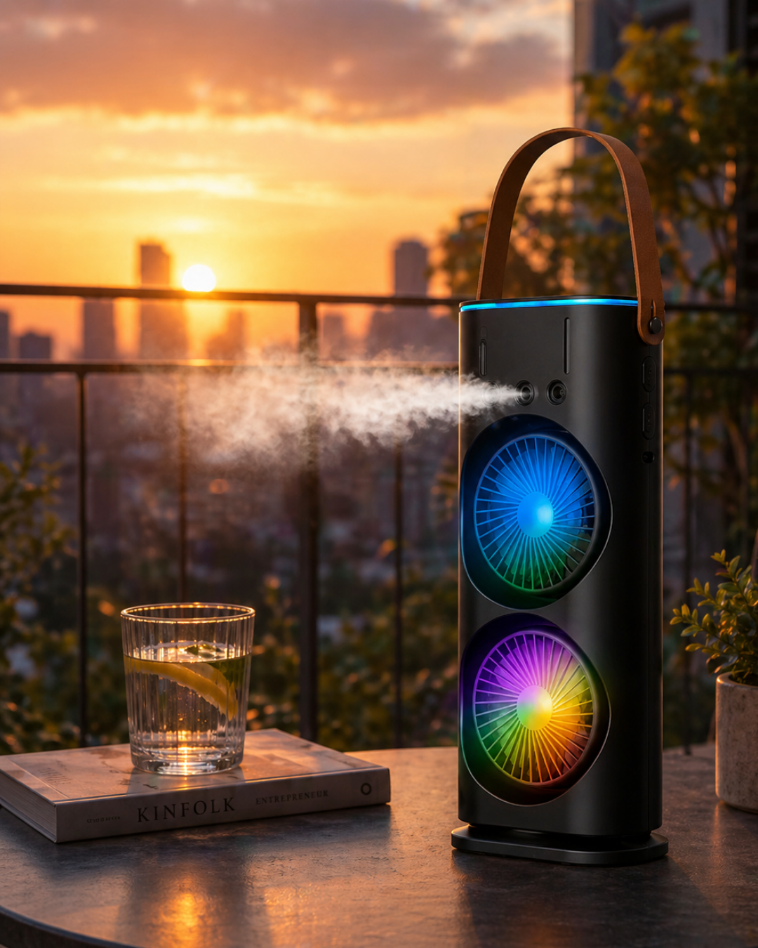 Şarjlı Buharlı Serinletici Fan RGB Işıklı Çift Pervaneli Masa Fanı - Bayi Depom Şarjlı Buharlı Serinletici Fan RGB Işıklı Çift Pervaneli Masa Fanı - Bayi Depom