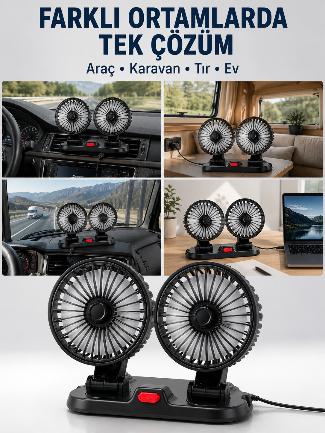 Araç, Karavan ve Tır İçin Çift Fanlı Mini Vantilatör - Bayi Depom