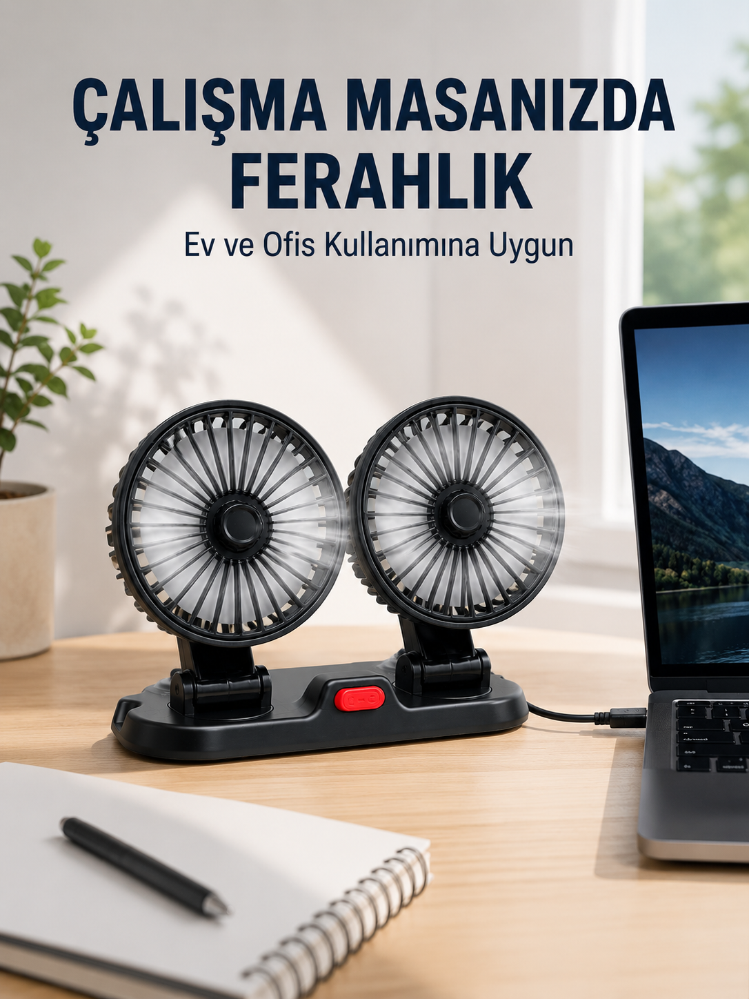 Araç ve Ev Kullanımına Uygun Çift Başlıklı Masaüstü Vantilatör - Bayi Depom